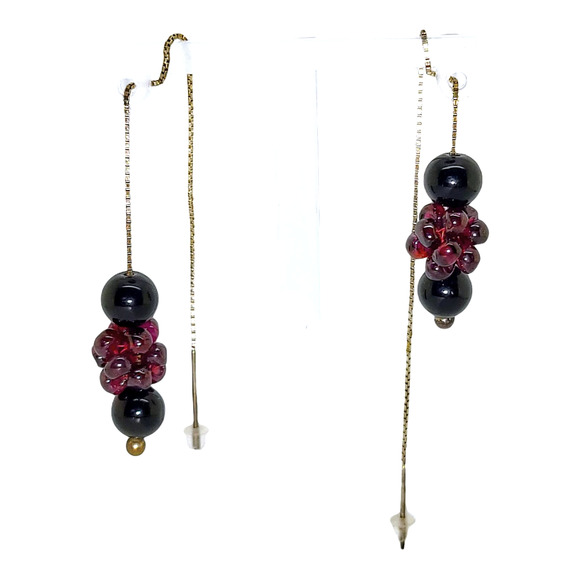 925 Sterling Silver Round Onyx and Garnet Beaded Pierced Ear Threaders Earrings - Picture 1 of 5